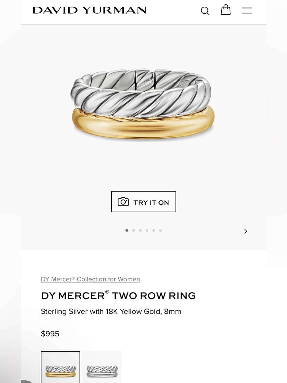 David Yurman Two-Row Ring in Silver and Yellow Gold